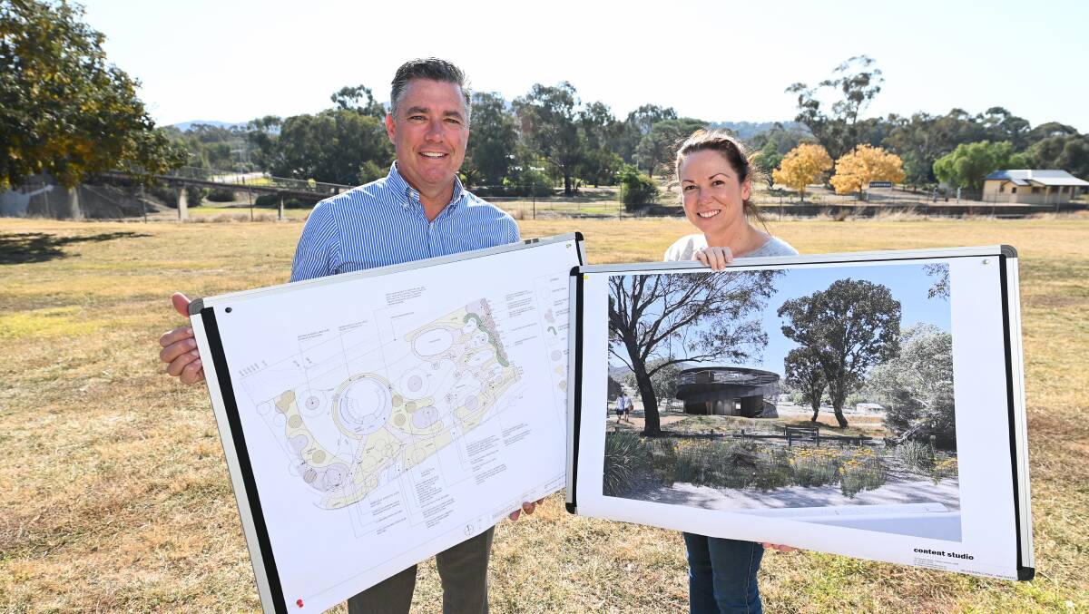 NEW FACILITIES: Wangaratta mayor Dean Rees and Northern Victoria MP Jaclyn Symes with the plans for Glenrowan's Ned Kelly heritage project. Picture: MARK JESSER
