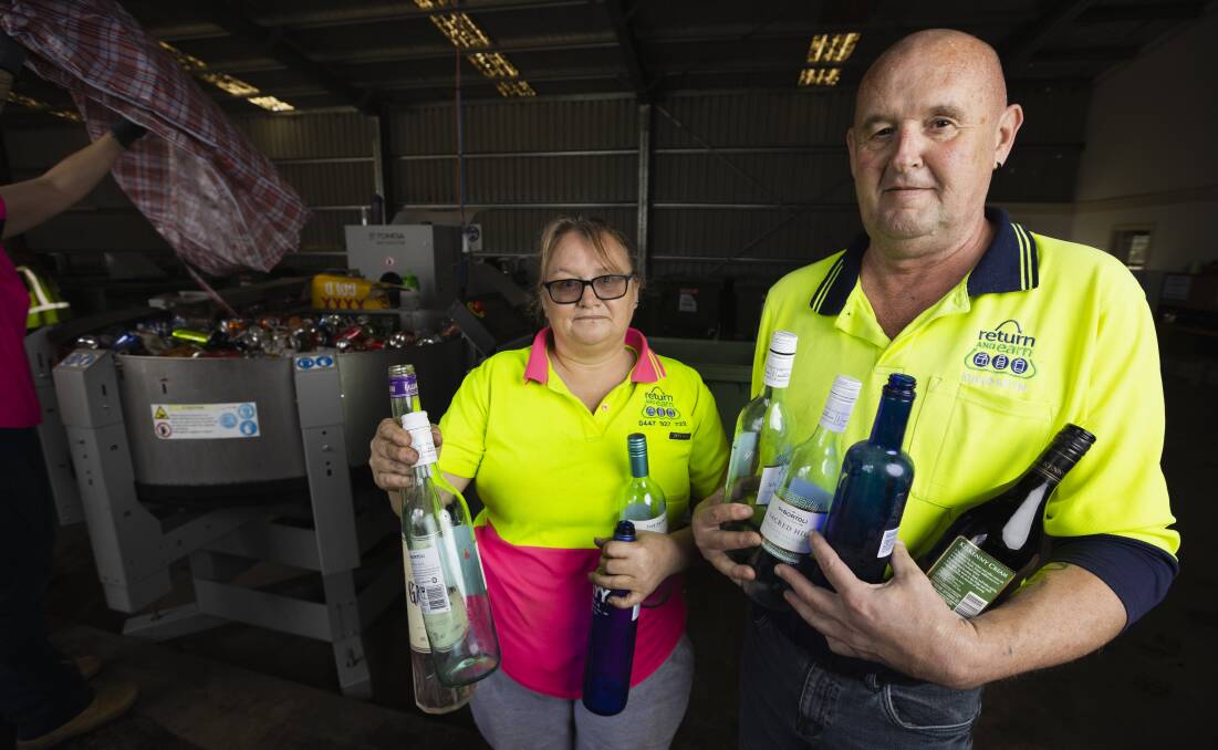 Billabong Recycling's Heather Goesch and Bruce Forbes have welcomed the pending expansion of the Return and Earn scheme in NSW, which they say will double their profits. Picture by Ash Smith.