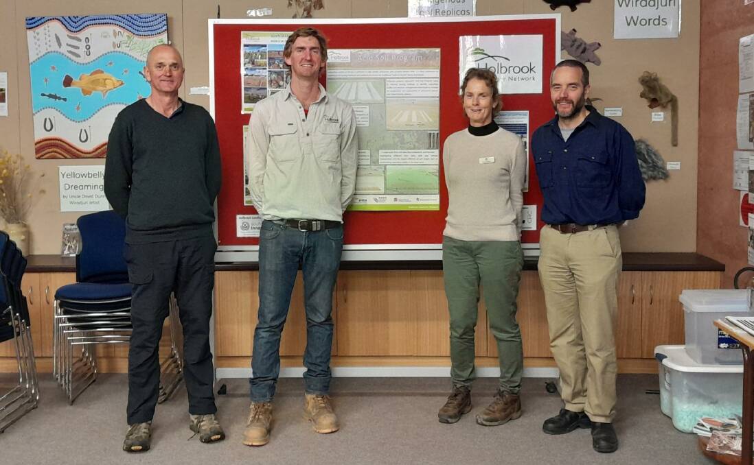 West Hume Landcare's Rob Cook and Holbrook Landcare's Nick McGrath with NSW Department of Primary Industries' Helen Burns and Charles Sturt University's Dr Jason Condon in September 2022. Picture supplied by Nick McGrath
