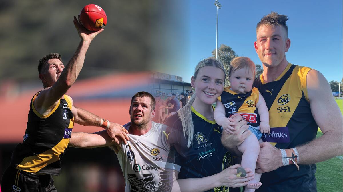 Isaac Muller celebrates Albury's preliminary final victory with his wife Chloe and daughter Evie.