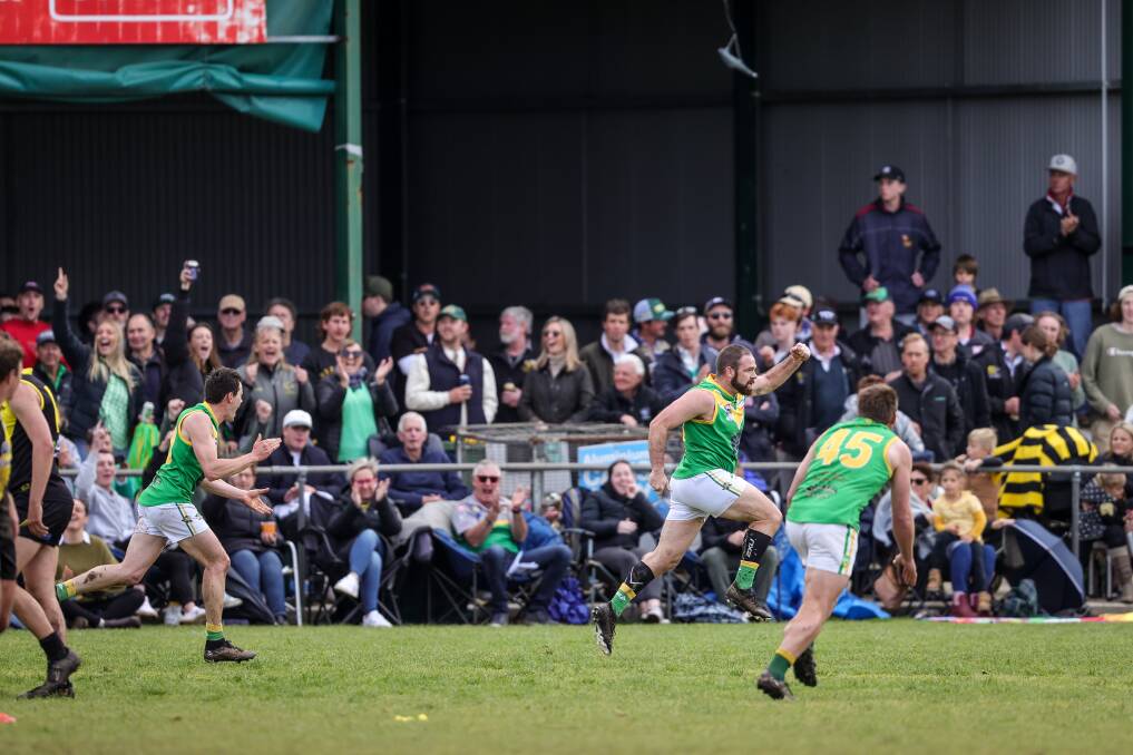 Matt Sharp celebrates a goal for Holbrook in the 2022 Hume League grand final at Walbundrie. Picture by James Wiltshire