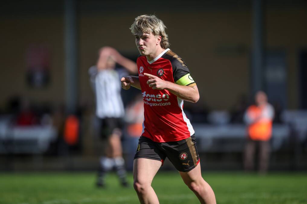 Kylan Piltz proves that blondes do have more fun after scoring Murray United's opening goal against Brimbank Stallions at La Trobe on Sunday. Pictures by James Wiltshire