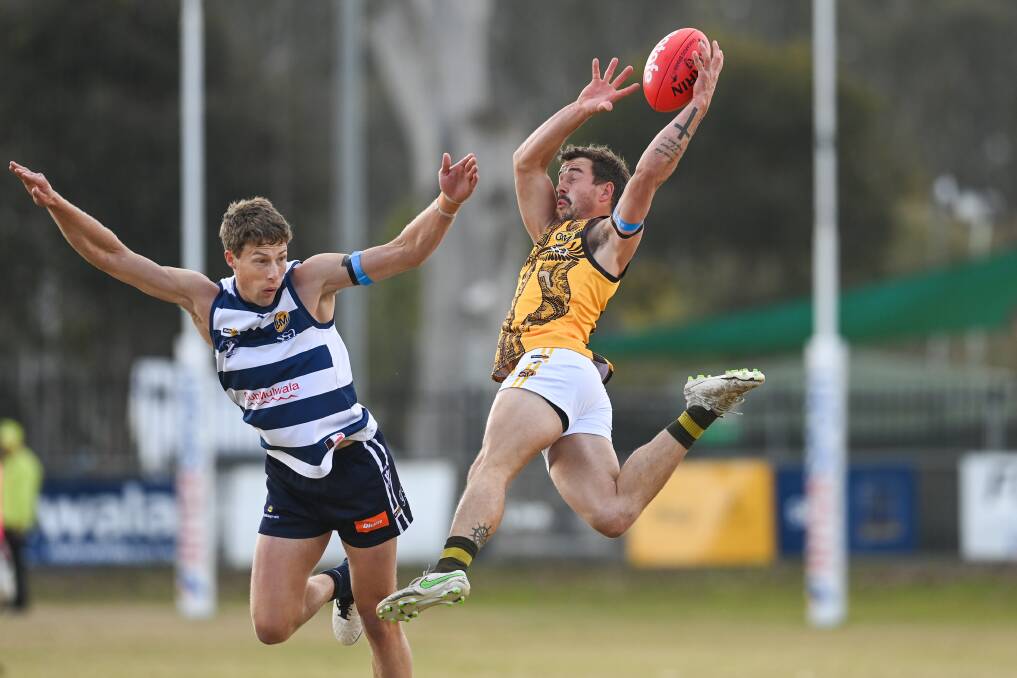 Raven Jolliffe gets airborne against Yarrawonga. Picture by Mark Jesser