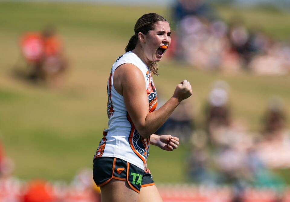 Zarlie Goldsworthy celebrates one of her five goals against Carlton. Picture by GWS Giants
