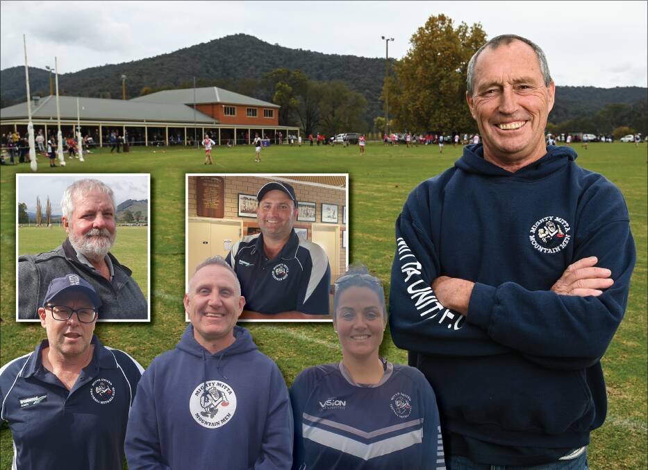 Shane Tobin, Ben Baude, Nick Bowles, Phil Packer and Gab Gray are all helping club president Lawrence Hodgkin to steer Mitta United in the right direction. Picture by Mark Jesser