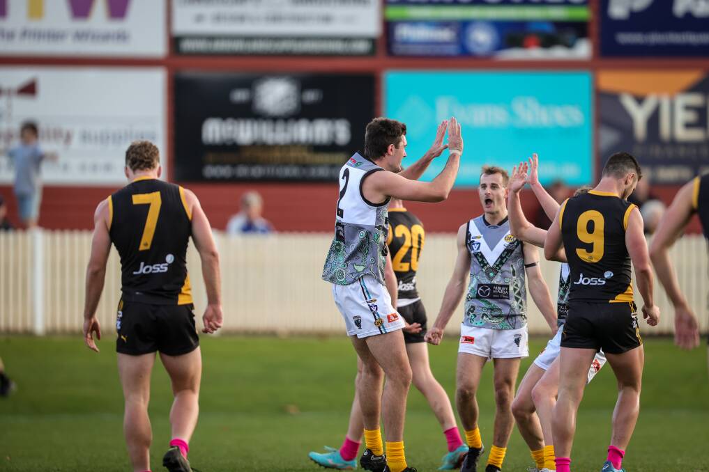 Jack Driscoll celebrates a goal for Lavington - but it was Albury who had the last laugh. Picture by James Wiltshire