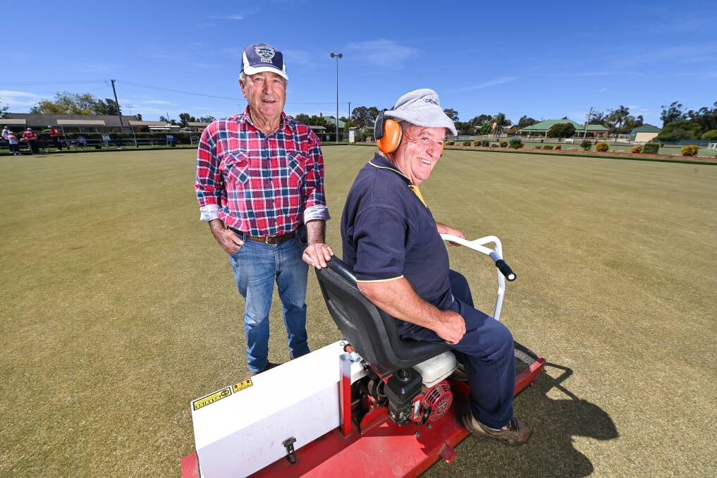 Henty Bowling Club greenkeepers Bruce Diffey and Kim Maher. Picture: MARK JESSER