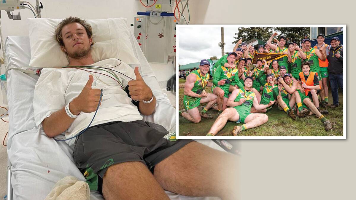 Bailey Churchill gives a thumbs-up from his hospital bed and, inset, celebrates with his Holbrook team-mates after winning the reserve grade premiership last season.