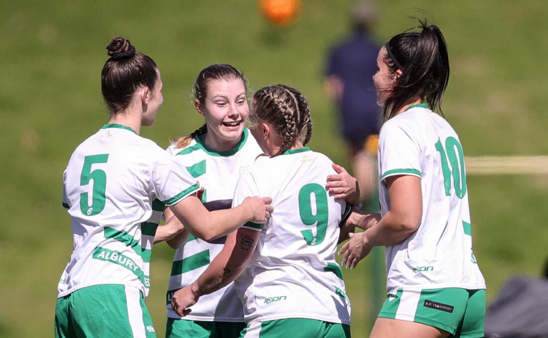 Albury United's Maree Matthew celebrates after scoring at Willow Park. Picture by James Wiltshire