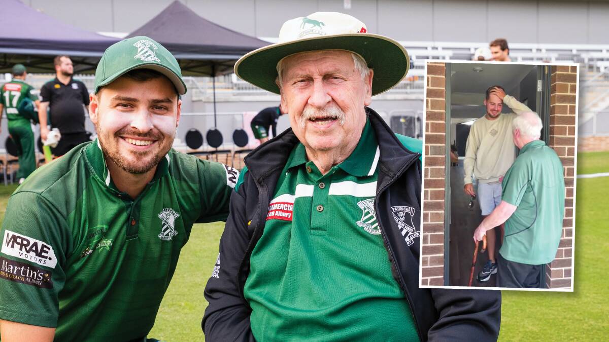 St Patrick's cricketer Luke Evans at Lavington Sports Ground with grandfather Roy Honeybone who, inset, surprised him by turning up unannounced last Friday. Picture by Ash Smith