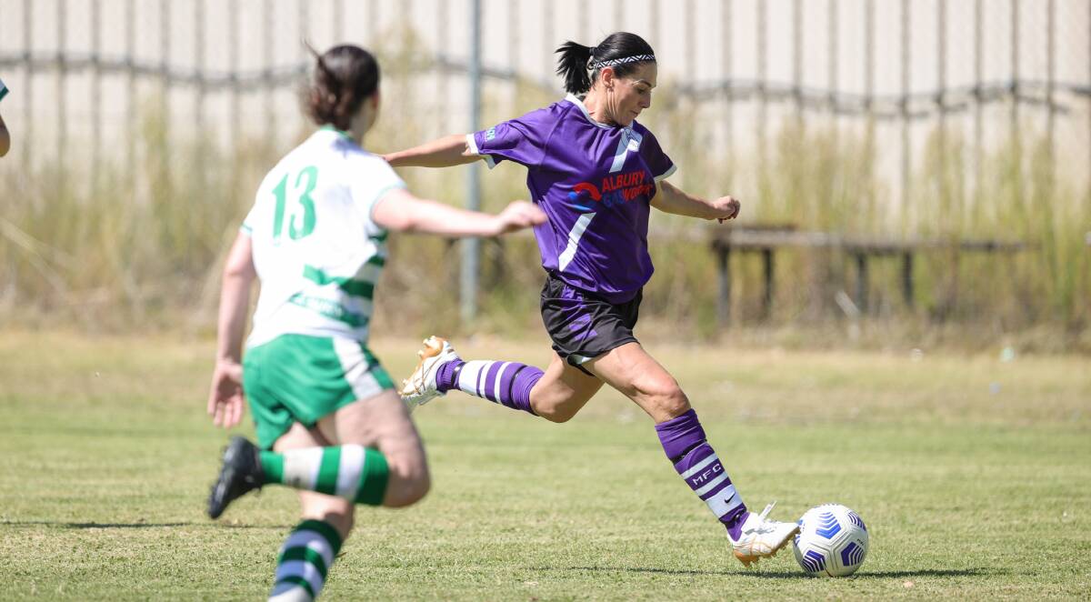 Alicia Torcaso pulls the trigger for Melrose against Albury United at Melrose Park on Sunday, where the home side won a seven-goal thriller. Picture by James Wiltshire