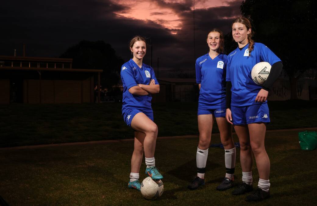Myrtleford's Summer Caponecchia and Albury Hotspurs duo Rylee Steele and Keely Halloway at TSP training in Albury. Picture by James Wiltshire.