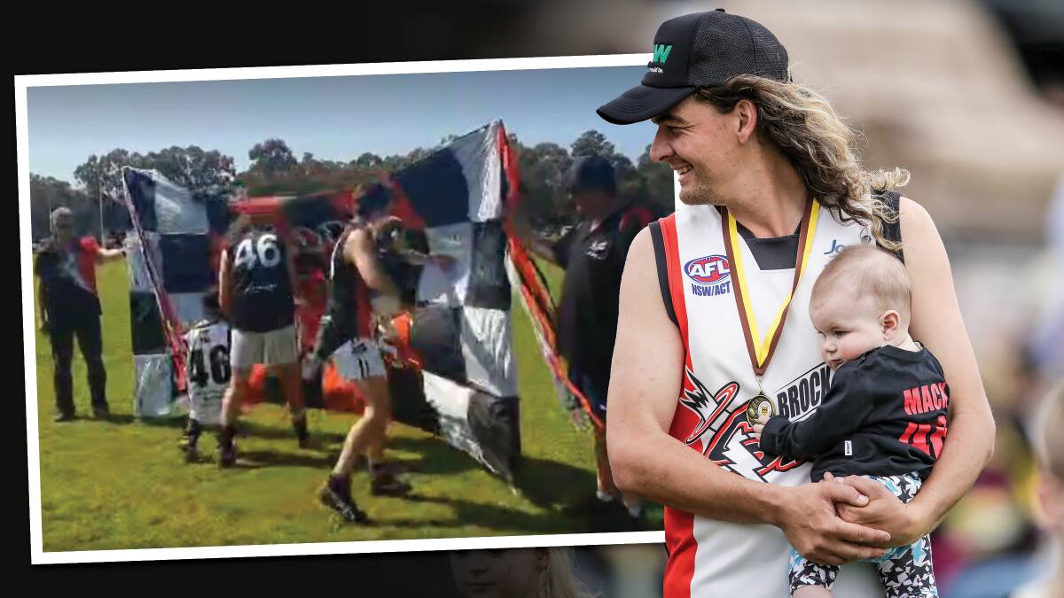 Sam O'Connor, inset, runs through the banner before his 300th game for Brock-Burrum on Saturday and, right pictured with son Mack after the Saints' 2019 reserve grade premiership.