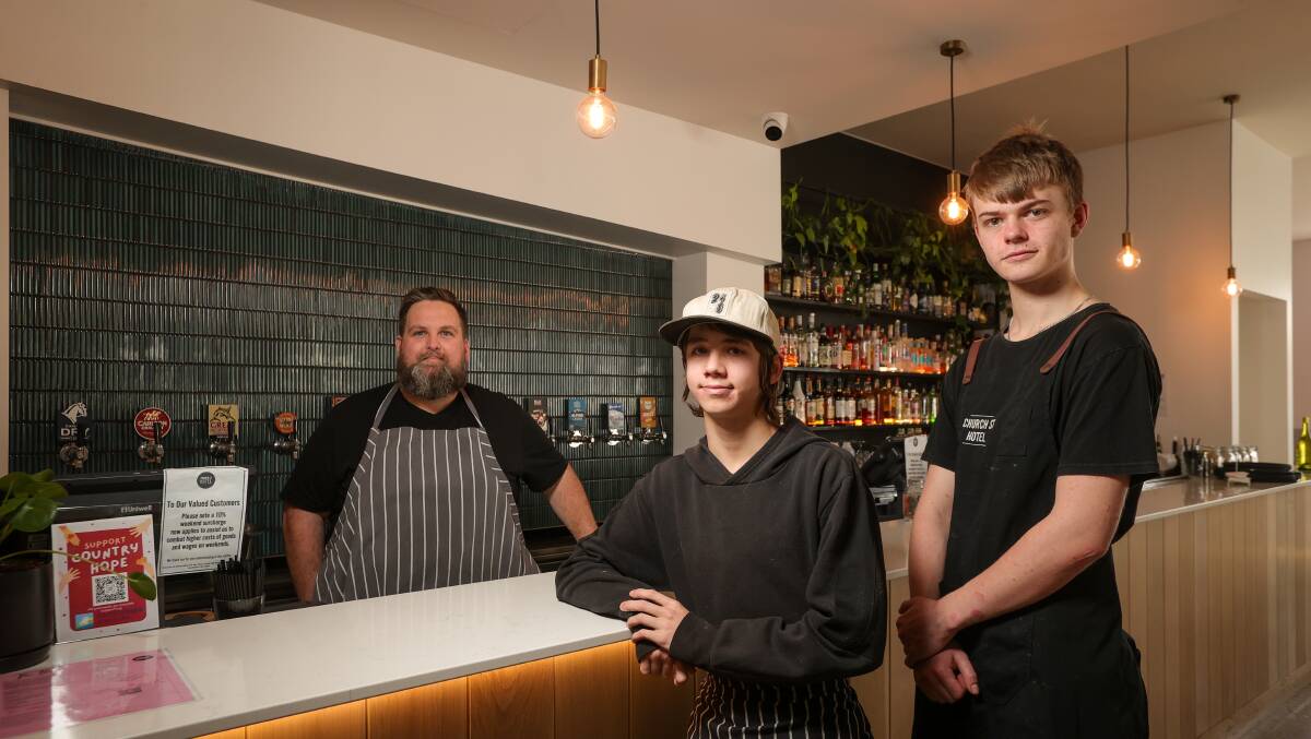 Wodonga Church St Hotel's Head chef Matt Richter with apprentice chef Oliver Liddington-Denehey, 15, and Oscar Waalkens, 17. Picture by James Wiltshire.