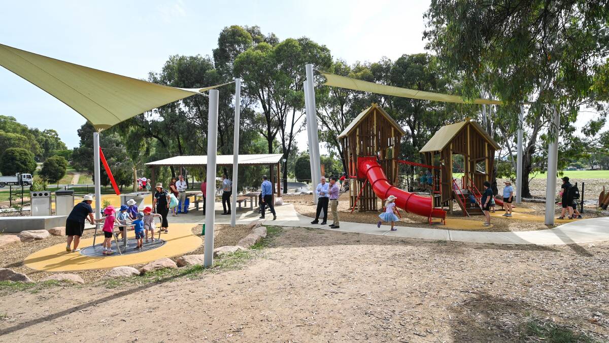 The $1.4 million play area, featuring a skate bowl and pump track along with swings and rope course backs onto Thurgoona Public School in Ernest Grant Park. Picture by Mark Jesser.