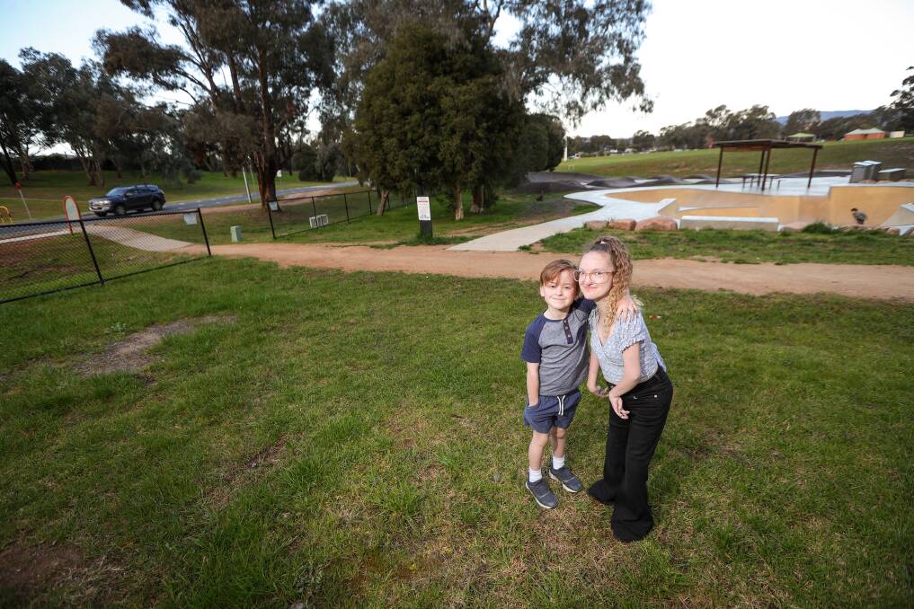 Hayden Psaila, 7, and his mum Sheree Clampit who says Thurgoona's newest park isn't accommodating to parents. "It's a great park, but makes me not want to take my son there because of the safety issues," she said. Picture by James Wiltshire.