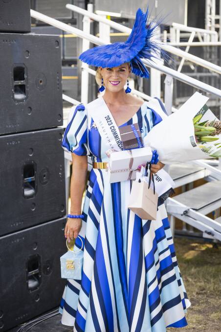 Elizabeth Paterson won the Millinery Award Griffith with her own creation, a blue and white outfit and headpiece.