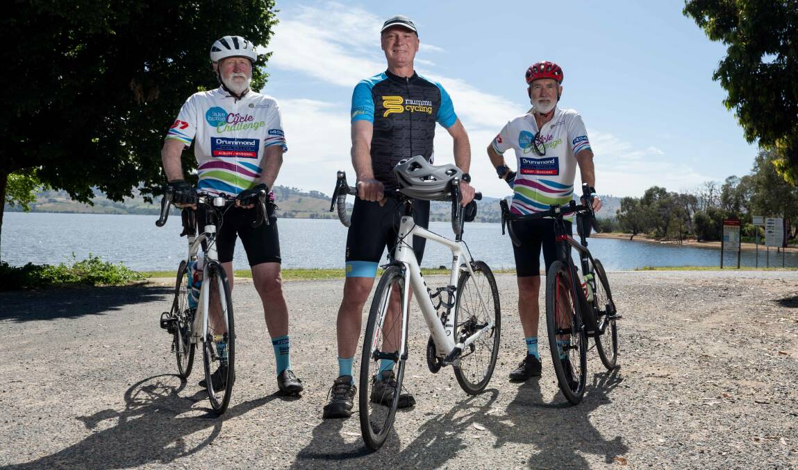 Cyclists Keith Donaldson and Geoff Damm and Lake Hume Cycle Challenge organising committee chair David Dow look forward to another cycle challenge. They expect this one will be the best one yet. Picture by Tara Trewhella.
