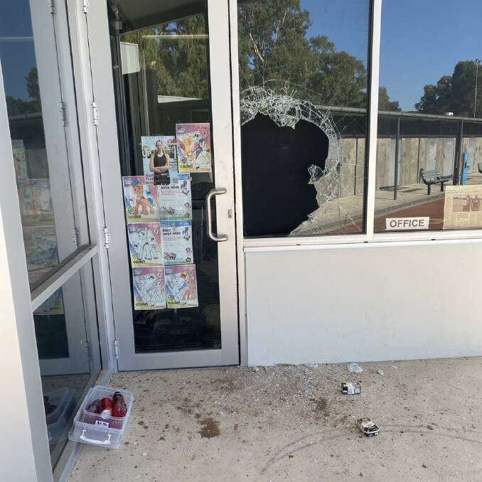 Albury Netball Association president Hilly Westra woke to a mess of smashed glass after vandals broke in overnight. Picture supplied.