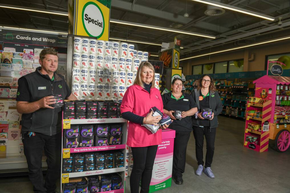 Woolworths assistant store manager Delys Webster, Share The Dignity volunteer Jan Bedson, Woolworths Bakery Manager Kim Dexter and customer service manager Clarissa Elliott urge people to donate in store for the appeal. Picture by Tara Trewhella.