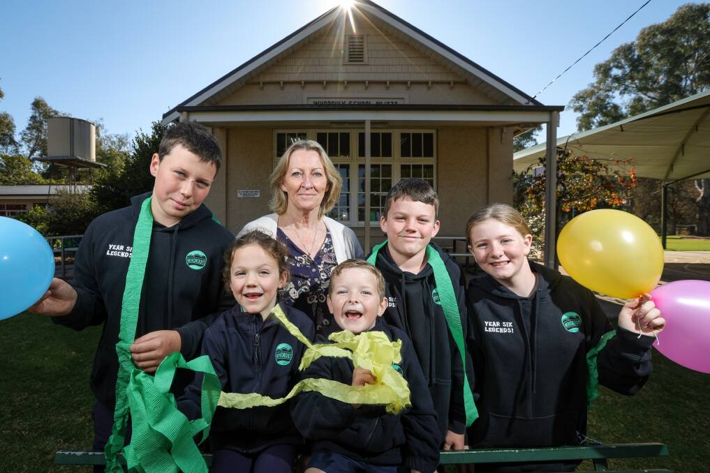 Principal Pauline McPherson with (L-R) Leo Harrison, 11, Nora Pethybridge, 5, Mitchell Tilson, 6, Owen Pethybridge, 11, and Chelsea Matheson, 11, they all look forward to enjoying the celebrations. Picture by James Wiltshire