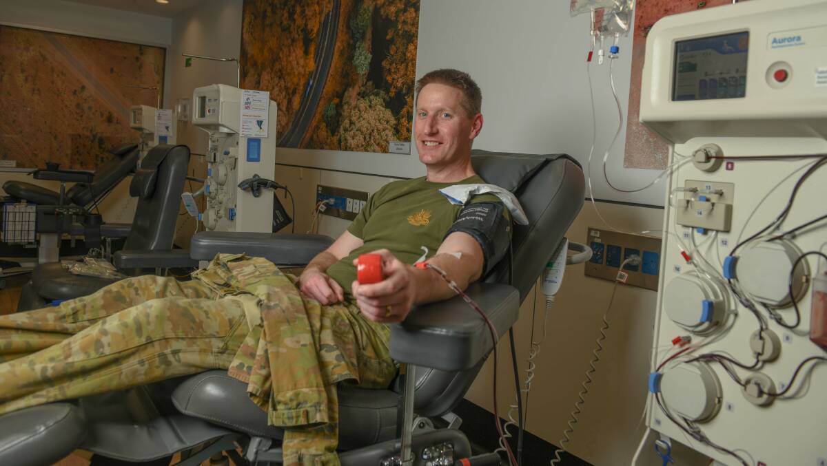 Army School of Ordnance distribution operator instructor Sergeant Matthew Moran, pictured here at Lifeblood Albury Donor Centre, encourages everyone to give blood or plasma. Picture by Tara Trewhella