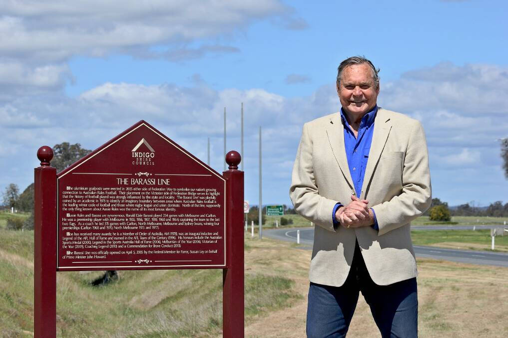 Ron Barassi at the Barassi Line, or at least what the Indigo Shire is claiming to be the Barassi Line that separates AFL and NRL support, pictured in October 2014. File picture
