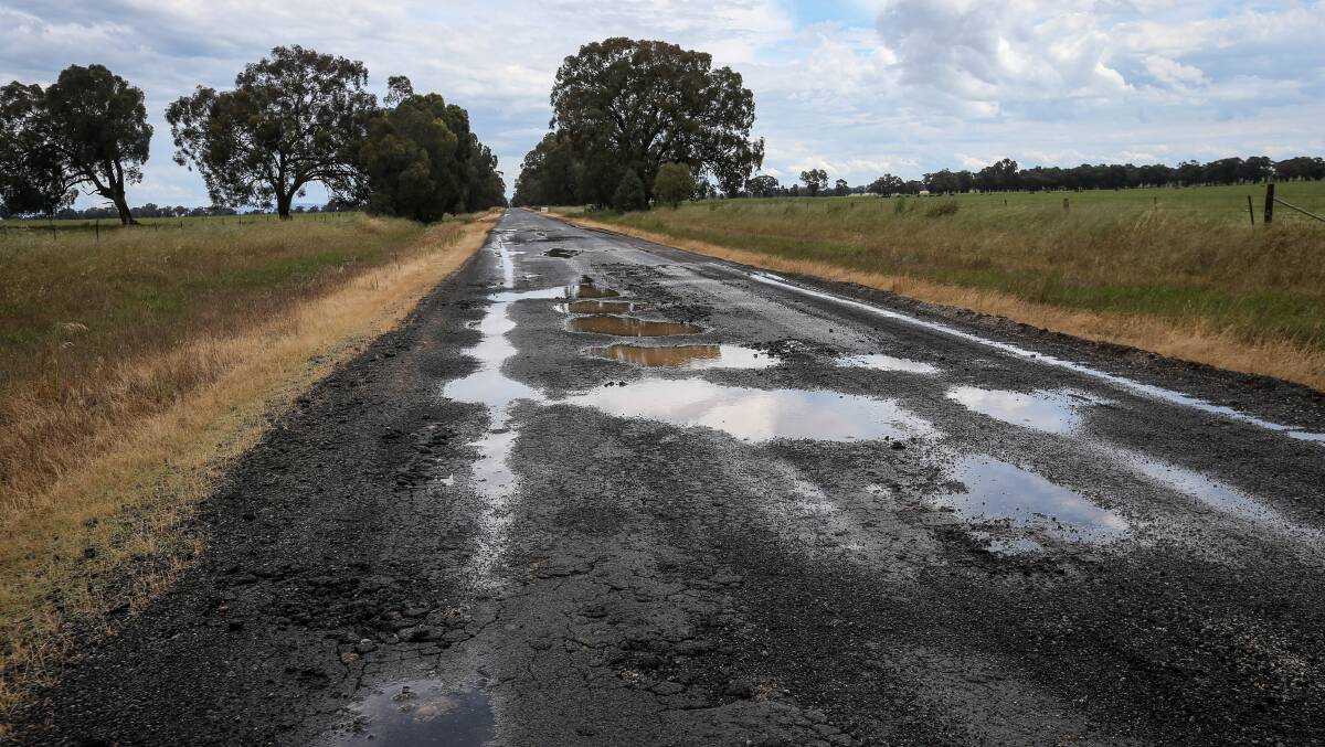 Potholes on the road from Howlong to Burrumbuttock fixed, but increases of 19 per cent, 17pc, 14pc and 10pc over four years still on the way. Picture by James Wiltshire