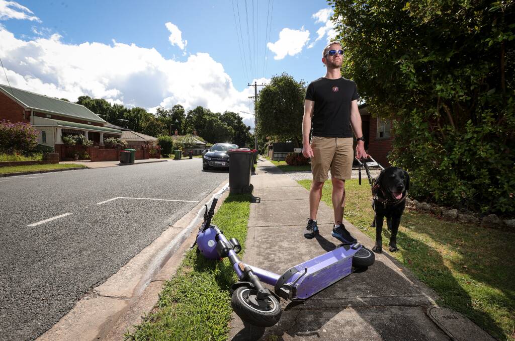 Albury physiotherapist Daniel Searle, who is visually impaired, says walking around the city's footpaths can be a nightmare with e-scooter obstructions all over the place. Picture by James Wiltshire