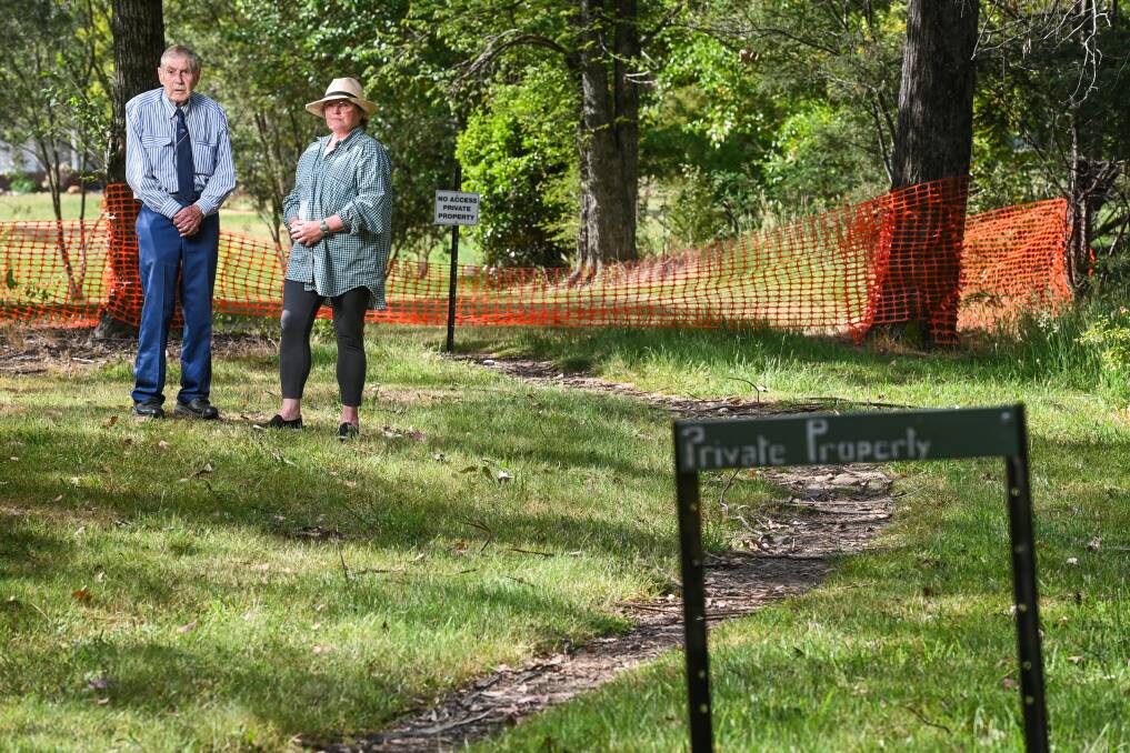 Landowner and vice-president of the Alpine Park Reserve Committee Bernard Eden and former Alpine Shire councillor Kate Farrell at a shut-off point on Wednesday, November 8. Picture by Mark Jesser