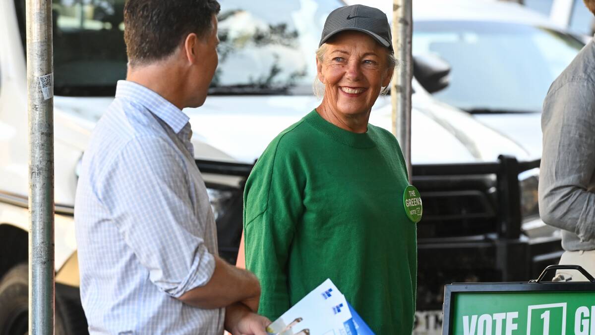 Justin Clancy chats with Greens volunteer Annette Baker. Picture by Mark Jesser