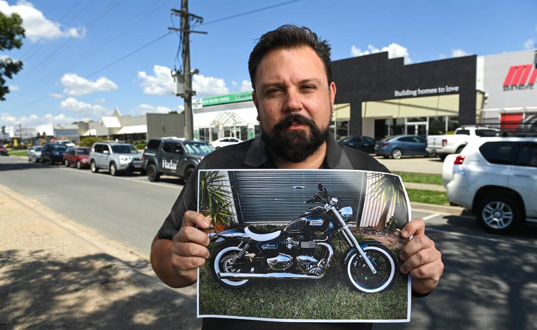 Travis Cartwright appeals for help on Tuesday after his prized Triumph America motorcycle was stolen on Monday afternoon. The bike was found on Wednesday at a Howlong property. Picture by Mark Jesser