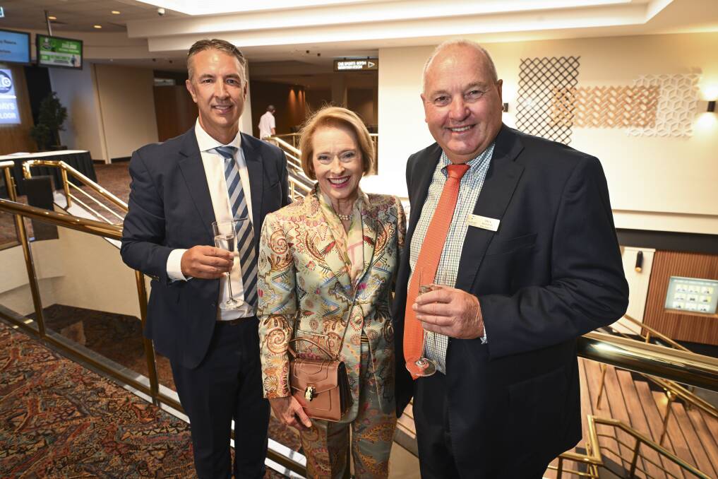 Gai Waterhouse with Albury Racing Club CEO Steve Hetherton and Albury Racing Club president Dick Sloane at the Commercial Club. Picture by Mark Jesser