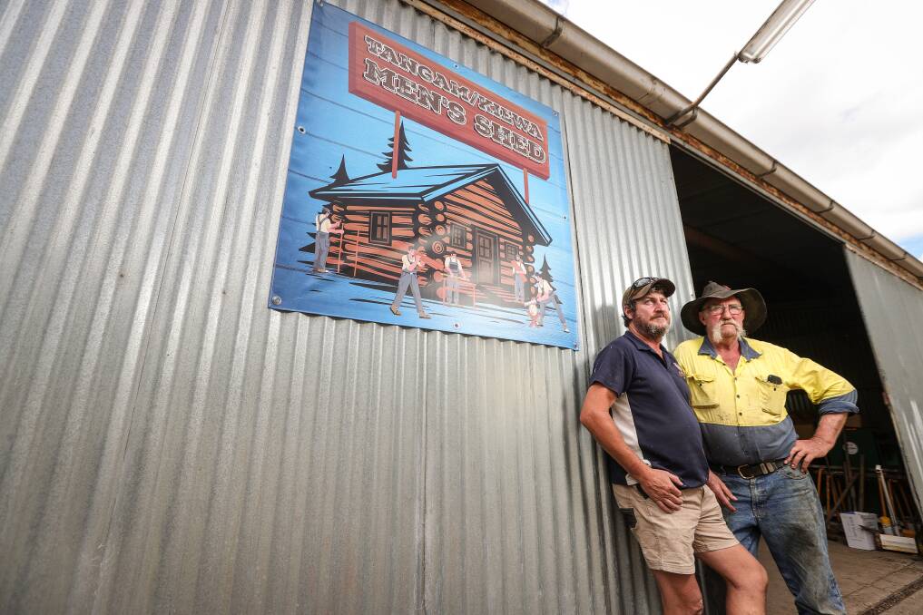 Gary Hale and Jack Britton at the scene of the Tangam-Kiewa Men's Shed dispute. Picture by James Wiltshire