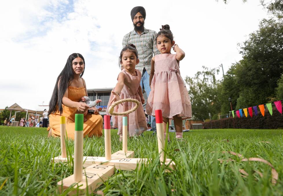 Kiren and Jatinder Sekhon with their twins, Ibu and Ruh, 3, of Lavington, said Albury's family days out were much more accessible than Melbourne's events. Picture by James Wiltshire