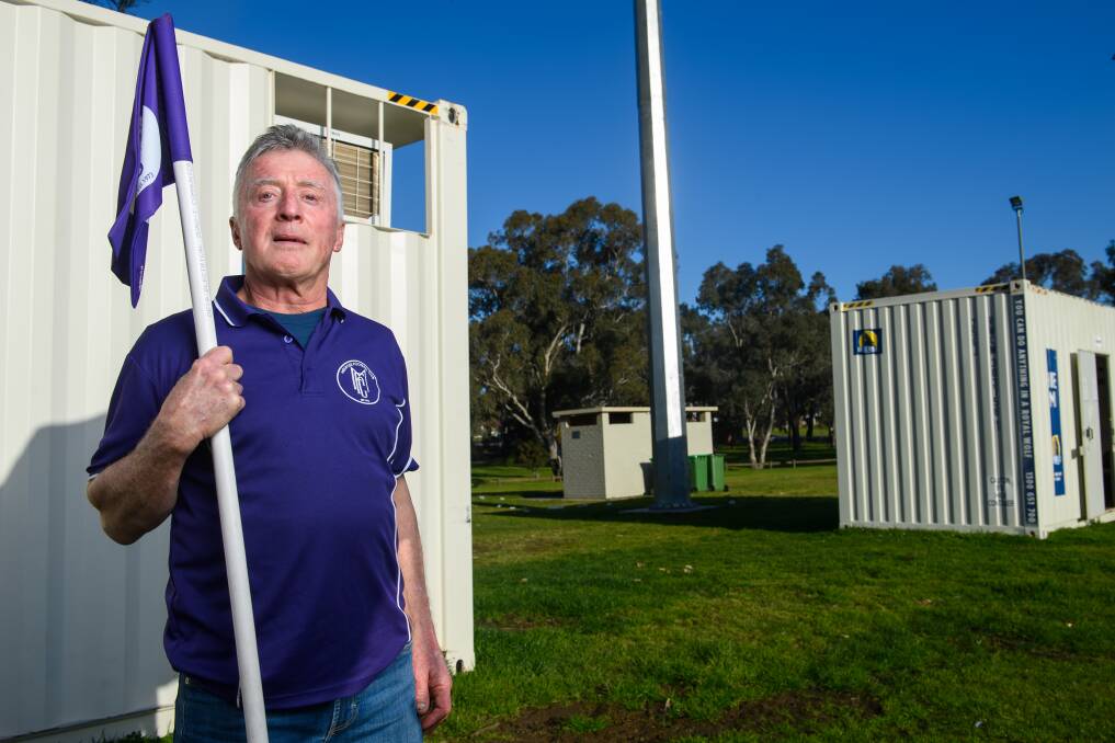 Melrose Football Club president Dave Pye at the shipping containers that have been used as temporary changing rooms since the old building was vandalised and burnt out. Picture by Mark Jesser