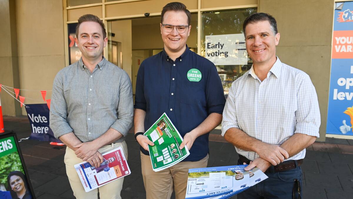 Labor's Marcus Rowland, the Greens' Eli Davern and Liberal MP Justin Clancy. Picture by Mark Jesser