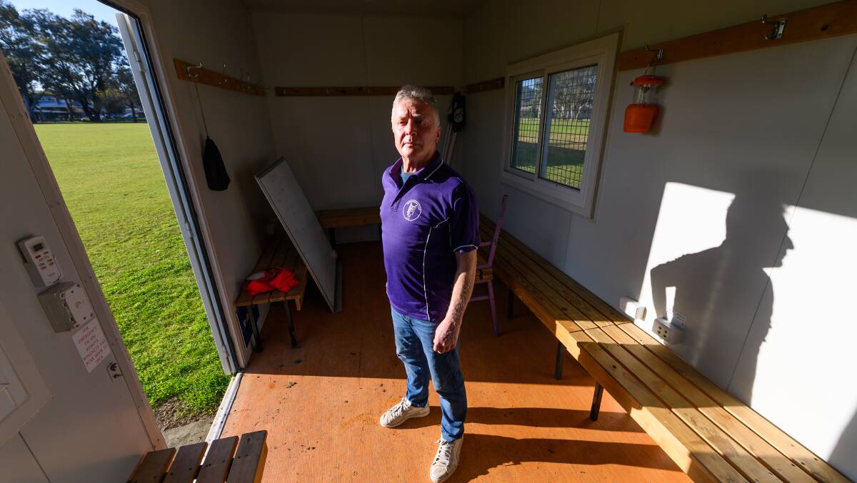 Melrose Football Club president David Pye inside the shipping container that has been used as a temporary changing room. Picture by Mark Jesser