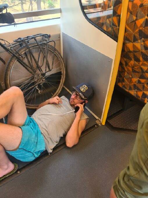 Heather Carmody took this photograph of a weary traveller on the Melbourne to Albury line on Friday afternoon. 