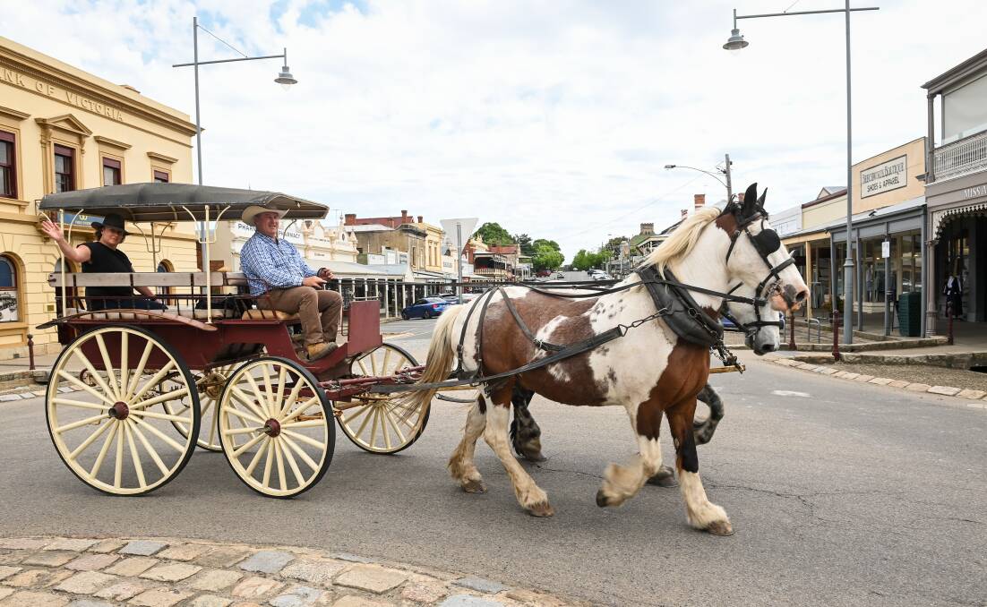 Greta and Graham Fisher with Gypsy, 18, and Angus, 10, negotiate the roundabout in central Beechworth. Picture by Mark Jesser 
