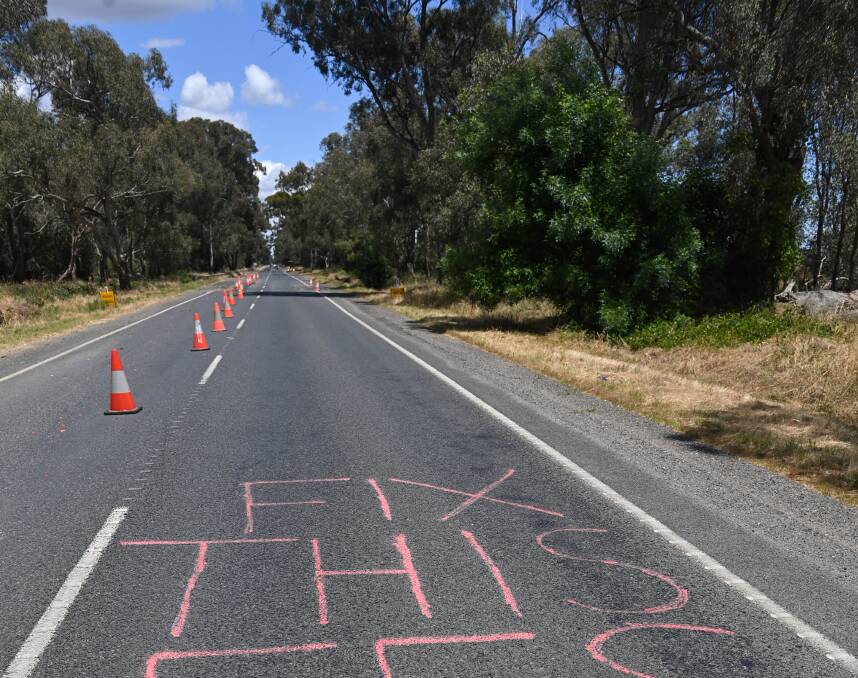 Graffiti on the Murray Valley Highway heading towards Yarrawonga near Campbells Wines. Picture by Mark Jesser