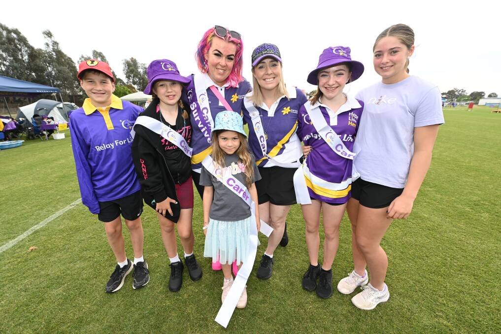 Angus Curry, 11, Bella Campbell, 11, Carly Campbell, Calli Foulston, 6, Cristy Jacka, Lucy Jacka, 14, and Charlotte Packer, 14 at the Relay for Life event on October 21. Picture by Mark Jesser
