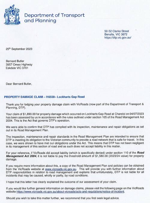 The letter received by Bernard Butler from the Department of Transport and Planning dated September 23. 