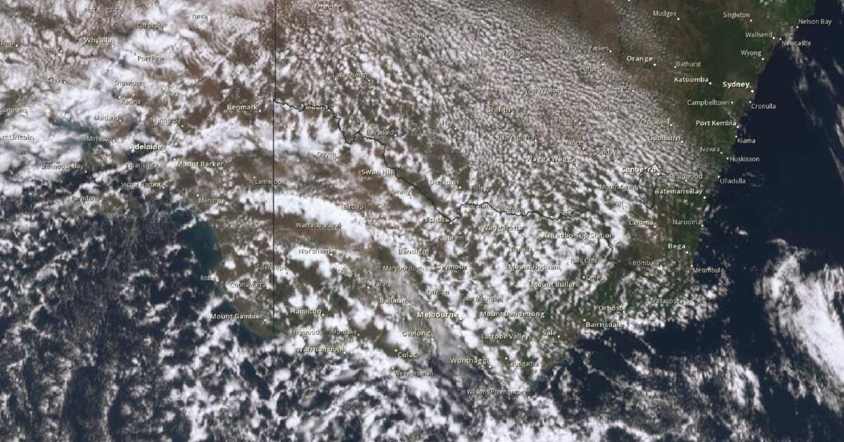 Senior meteorologist Dean Narramore said temperatures on the Border and alpine regions were up to 15 degrees below average because of a cold front, as shown in this satellite image supplied by the Bureau of Meteorology.