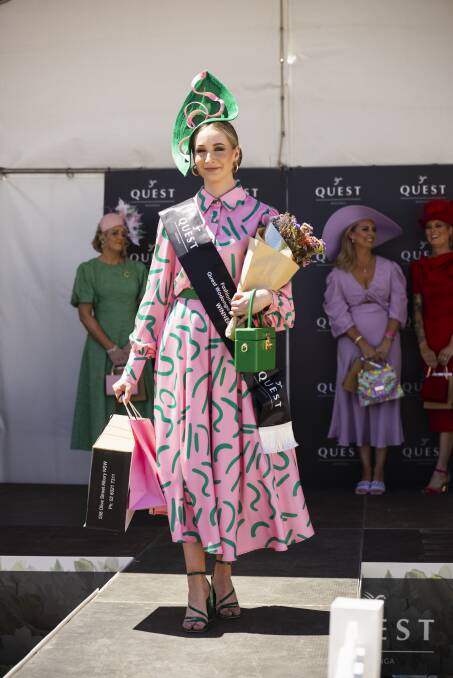 Lady of the Day Tayla Johnson's winning look was inspired first by her dress, with a towering headpiece to complement. Picture by Ash Smith. 