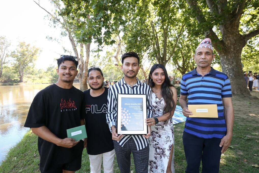 Australia Day Honours Community Group of the Year winners Subash Bhattarai, Lux Khanal, Bhakta Bhattarai, Sarupa Khanal, and Kul Bhattarai from Albury Wodonga Multicultural Community Events Inc. Picture by James Wiltshire. 