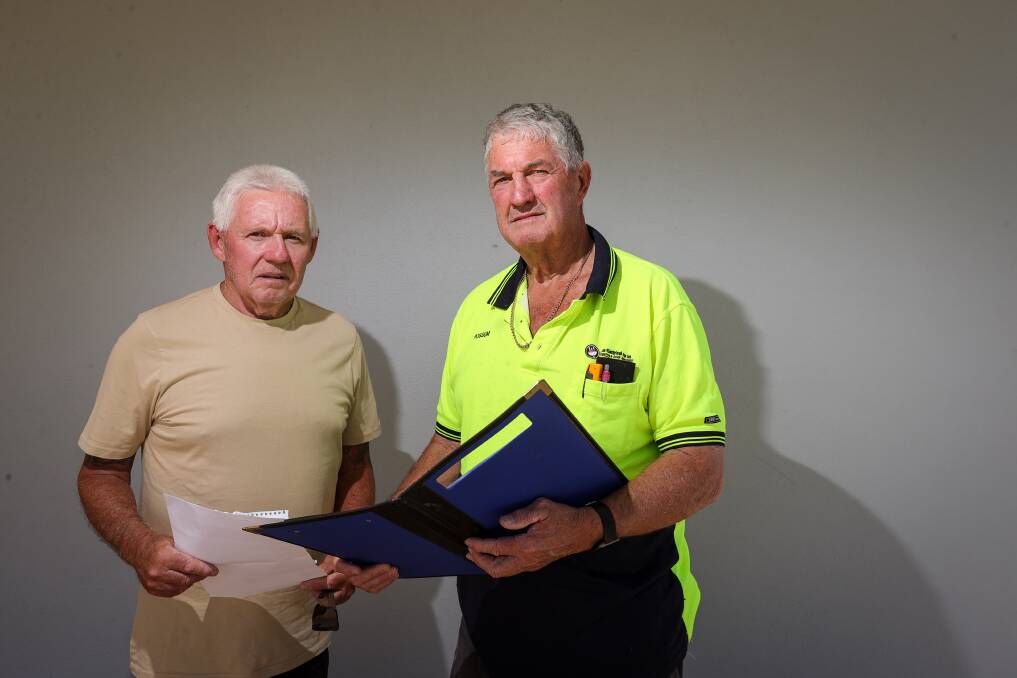 Ron Hunt and Robert "Possum" Purtle are concerned that years of consecutive rate hikes will force pensioners out of Mulwala. Picture by James Wiltshire.