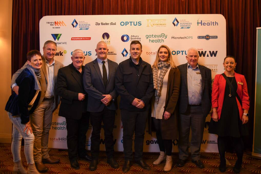 Albury Wodonga Business Awards 2024 finalists announcement. Finalists Deb and Mark Davis, Davis Hospitality Group; Glen Robinson, Albury Business Connect; Matt Connell and Anthony Spadaro, Optus; Finalist Emily Lonsdale, Core Clinic; Graham Jenkin and Shannon Neil, Business Wodonga. Picture supplied