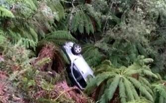 The car after falling 10 metres off an embankment in Falls Creek. Picture from 9News Melbourne