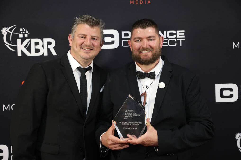TVN On-Country directors Jonathon Whelan (left) and Jebb Hutchison celebrate their win at the Australian Defence Industry Awards in Canberra. Picture supplied